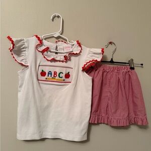 Stitchy Fish White Smocked ABC Ruffle Top and Red Striped Shorts Set